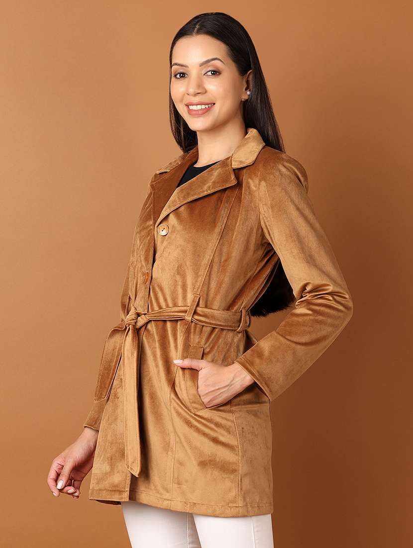 women brown solid full sleeve trench coat - 21524072 -  Standard Image - 2