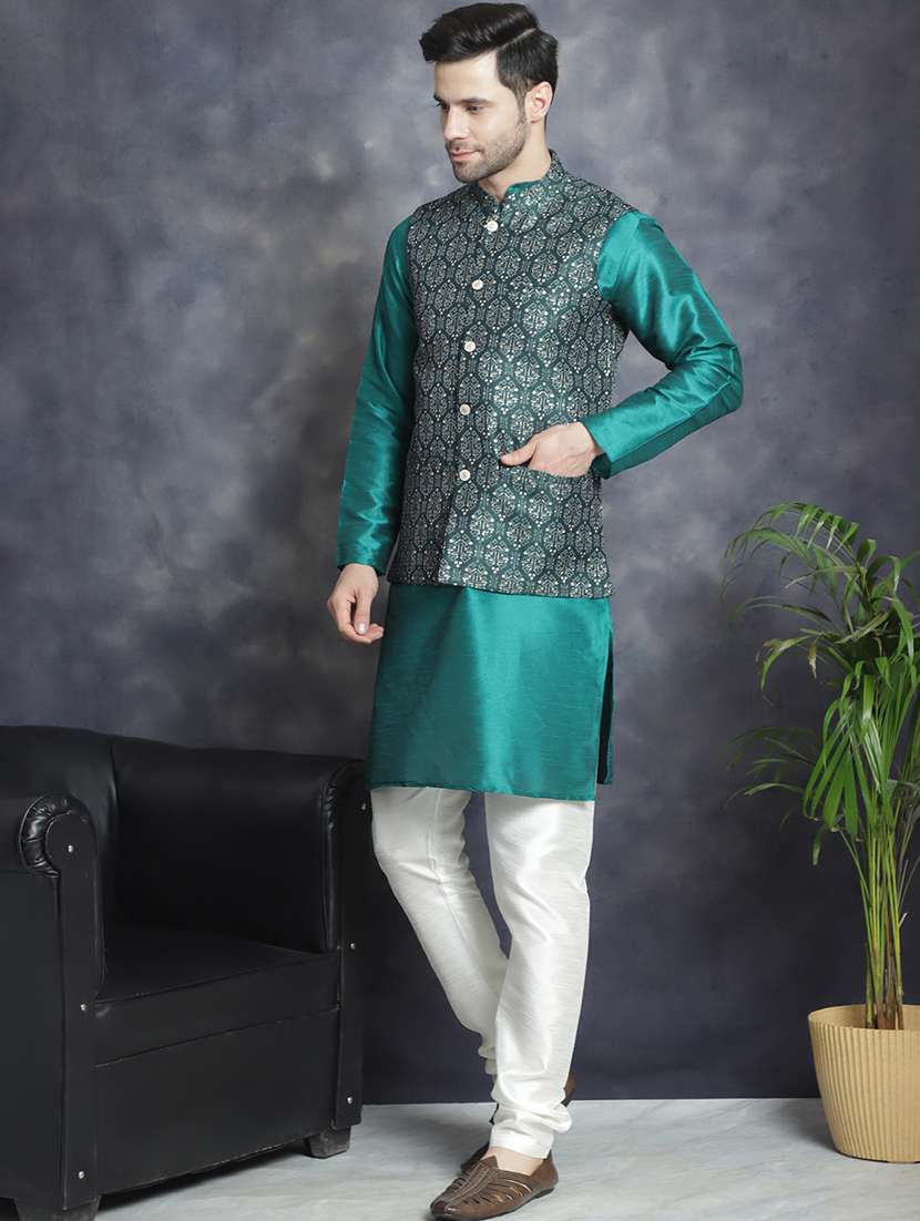 men solid kurta pyjama set with printed jacket - 21524832 -  Standard Image - 2