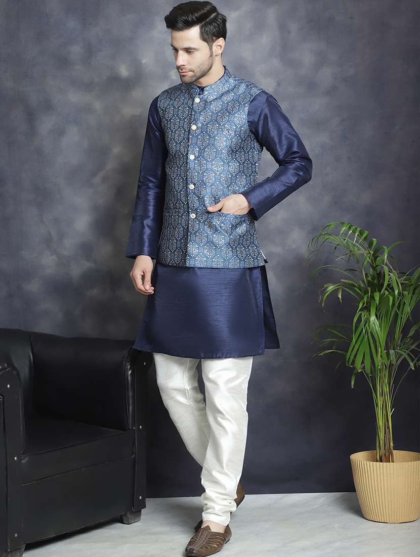 men mandarin neck kurta pyjama with jacket ethnic wear set - 21524837 -  Standard Image - 2