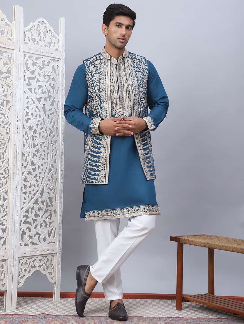 men embroidered mandarin neck kurta pyjama with jacket ethnic wear set