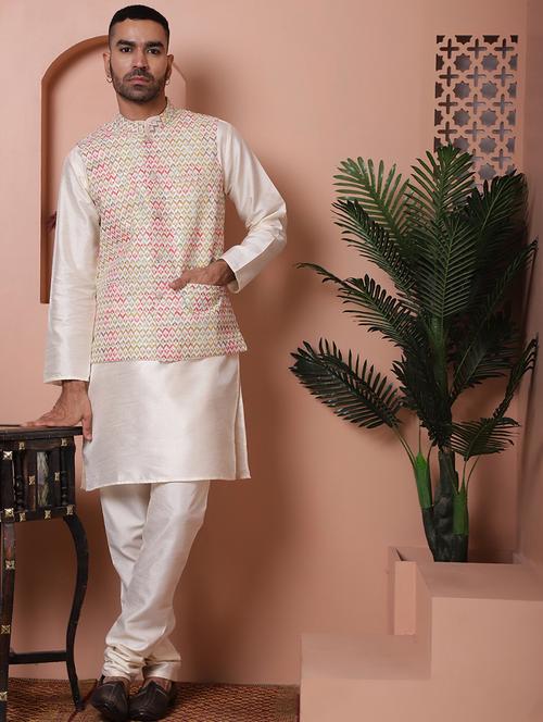 men solid kurta pyjama set with printed jacket - 21524861 - Standard Image - 0