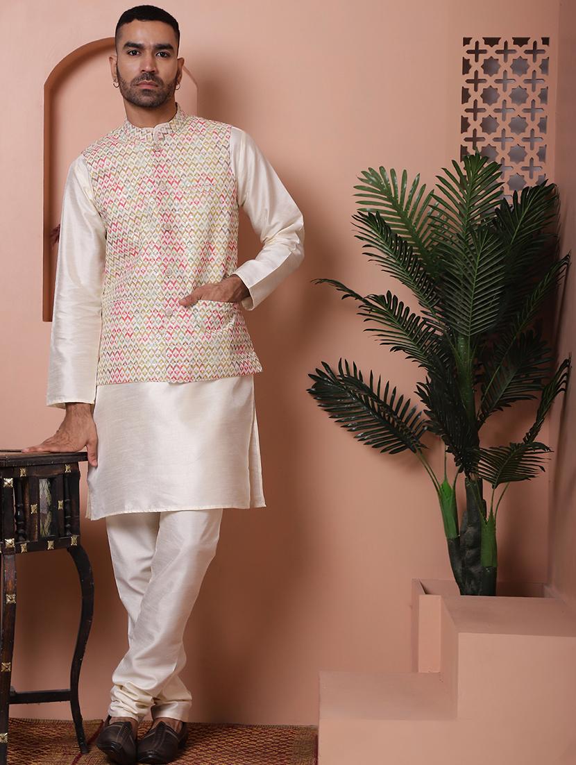 men solid kurta pyjama set with printed jacket