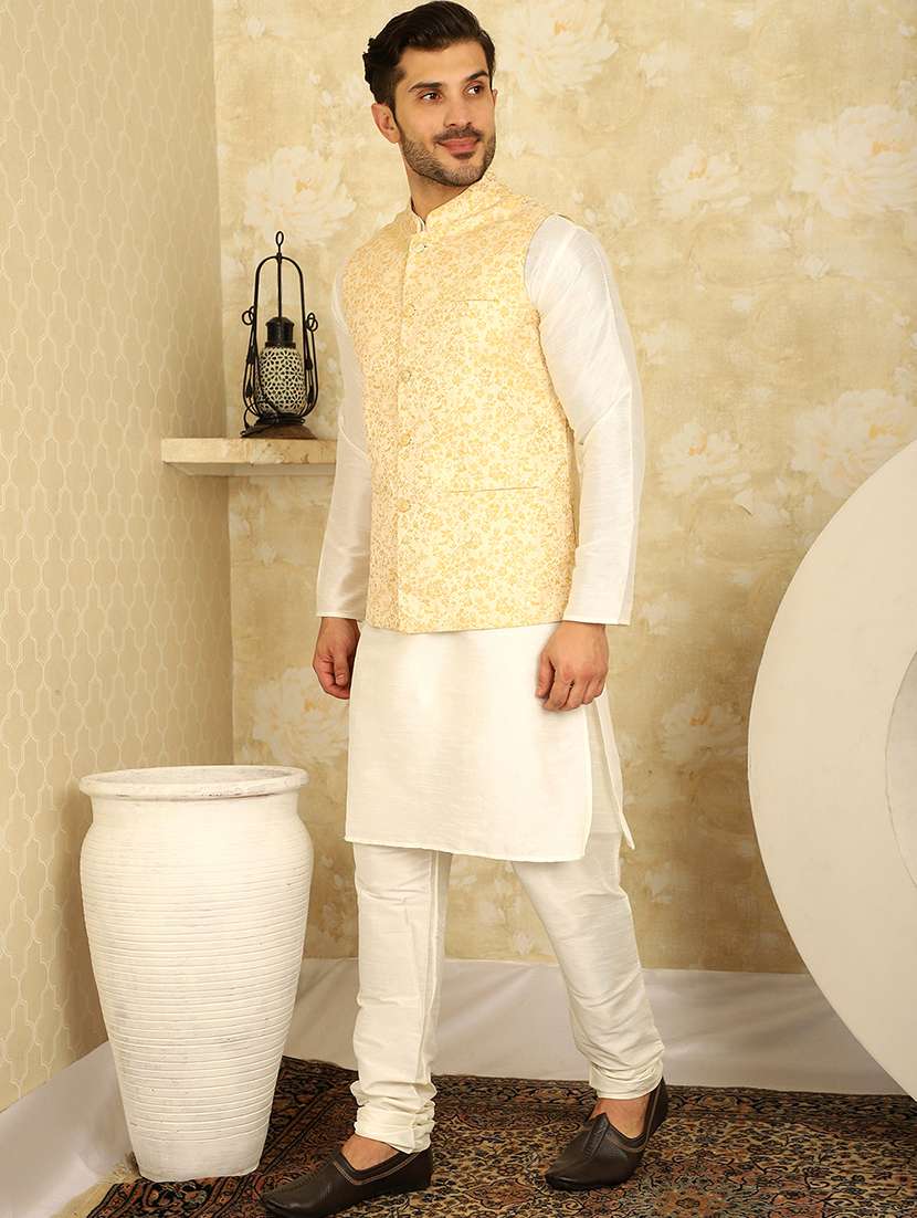 men mandarin neck kurta pyjama with jacket ethnic wear set