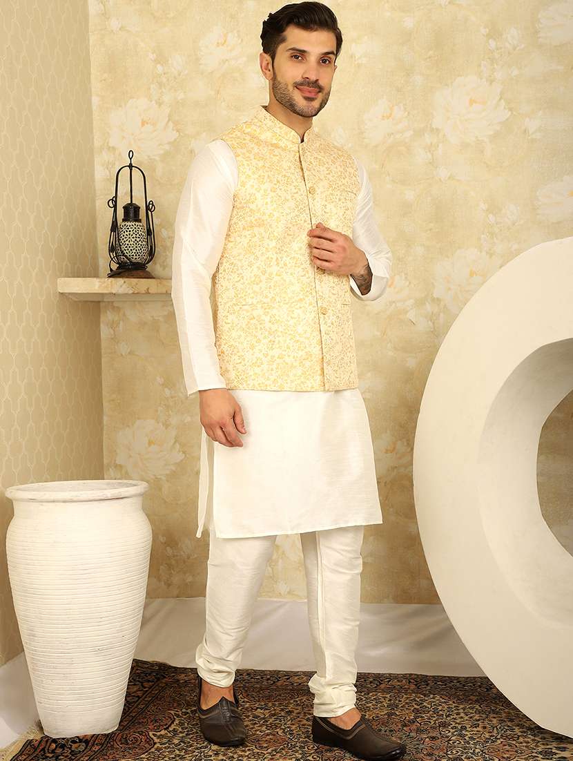 men mandarin neck kurta pyjama with jacket ethnic wear set - 21524879 -  Standard Image - 2