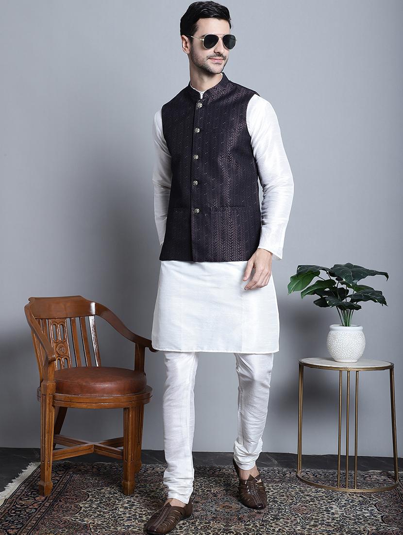 men solid kurta pyjama set with printed jacket - 21524880 - Standard Image - 2