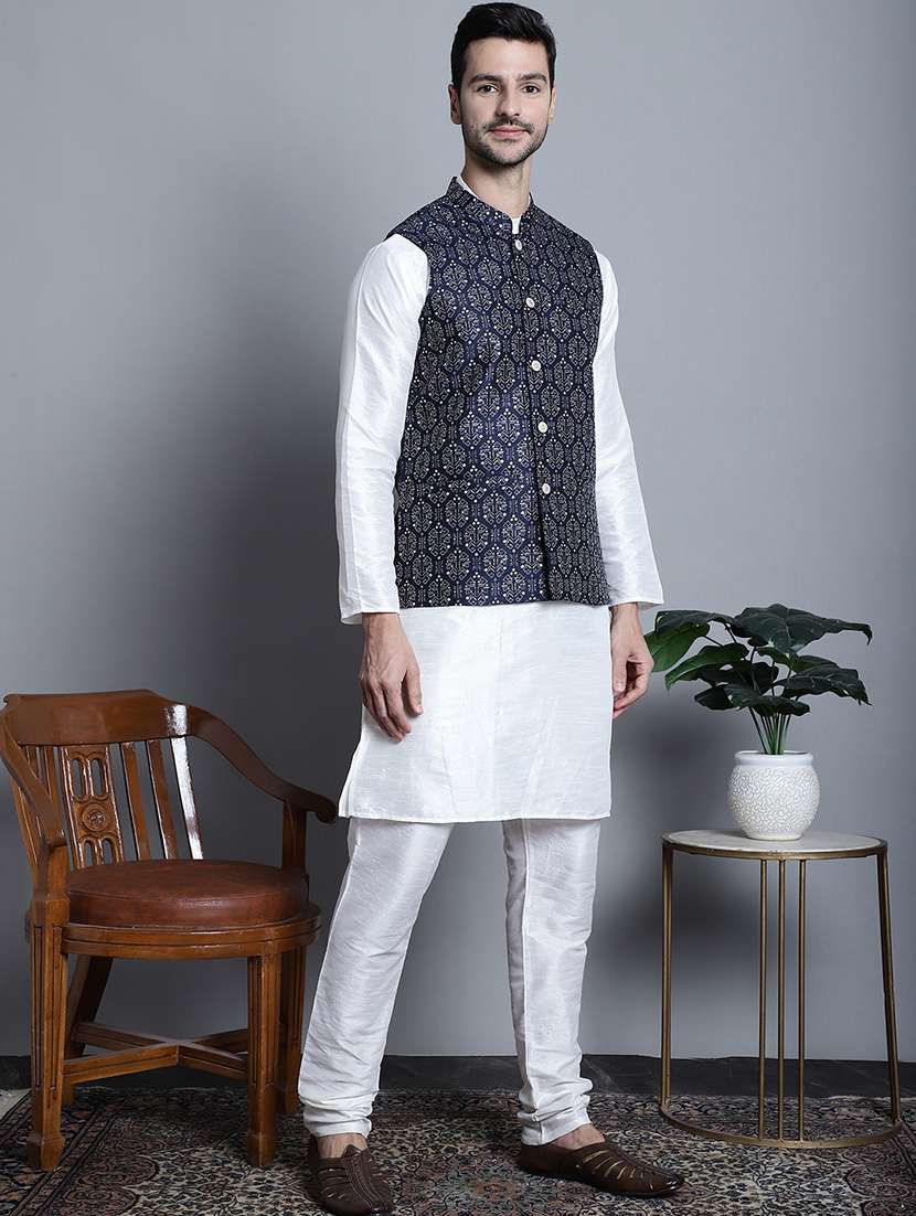 men mandarin neck kurta pyjama with jacket ethnic wear set - 21524884 -  Standard Image - 2