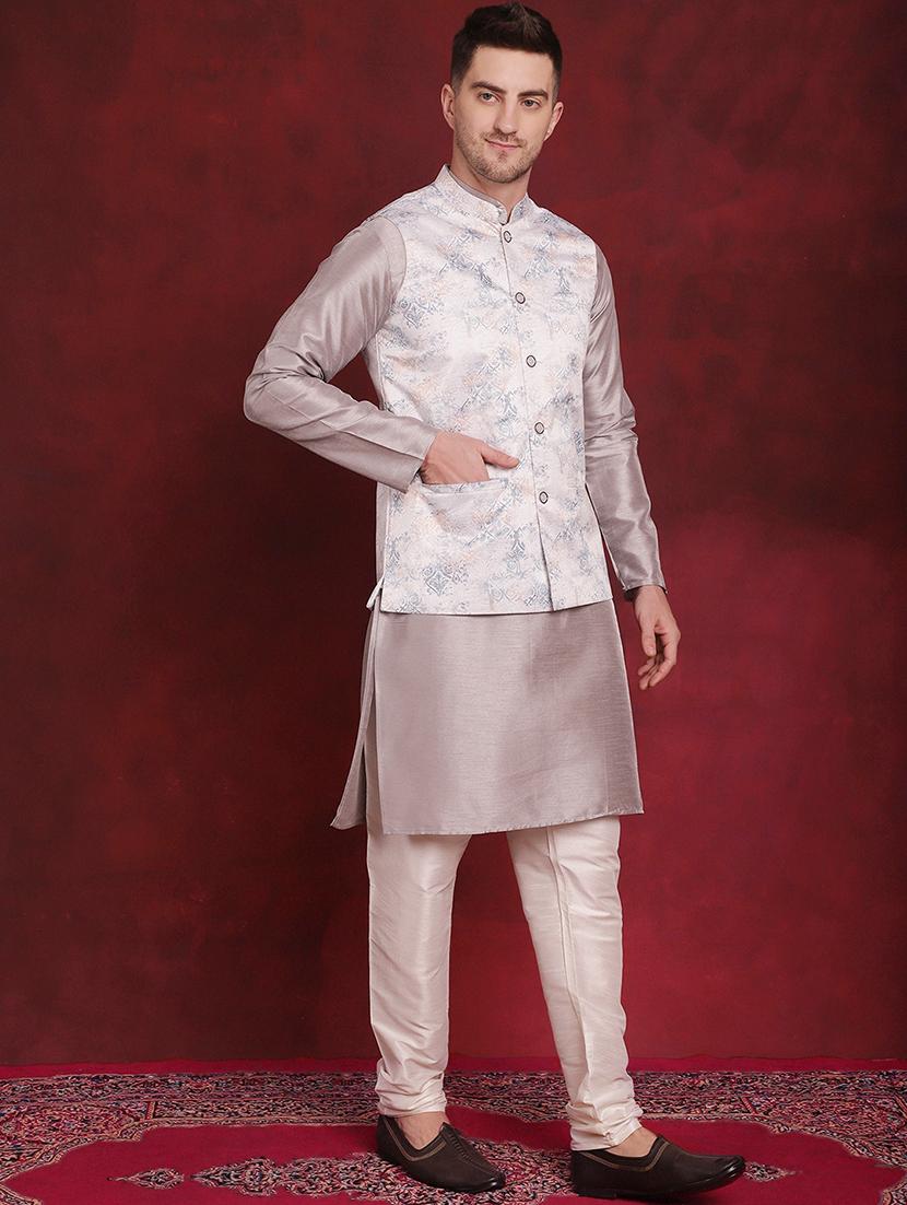 men solid kurta pyjama set with printed jacket - 21524887 - Standard Image - 2