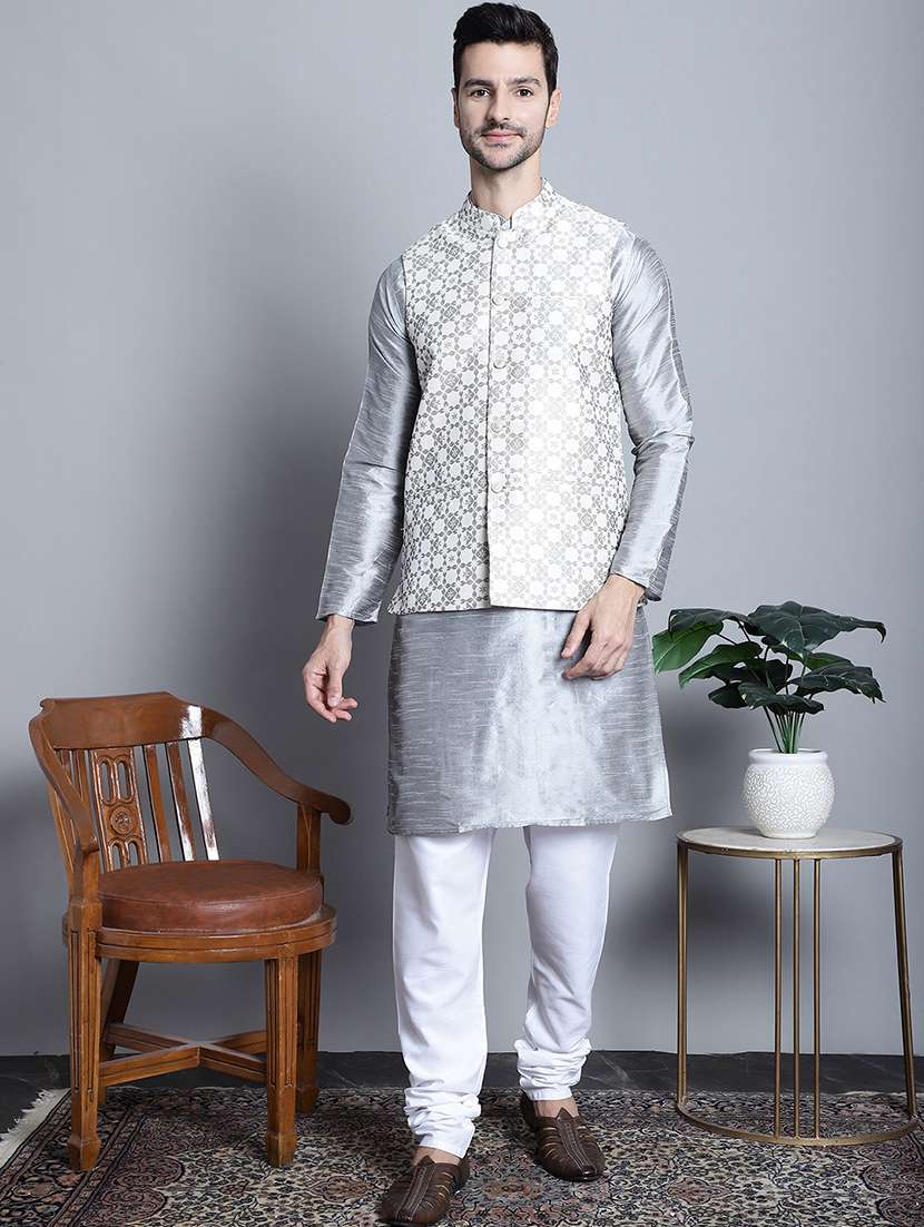 men mandarin neck kurta pyjama with jacket ethnic wear set - 21524889 -  Standard Image - 2