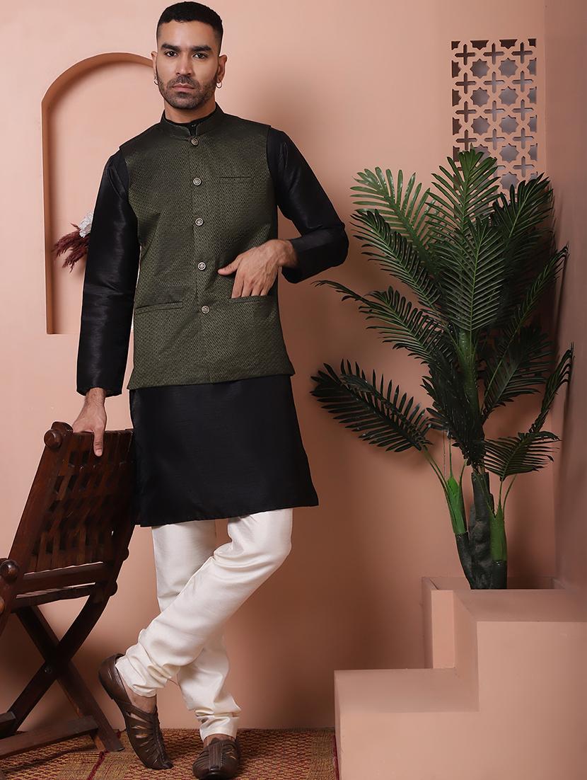 men solid kurta pyjama set with printed jacket - 21524901 - Standard Image - 2