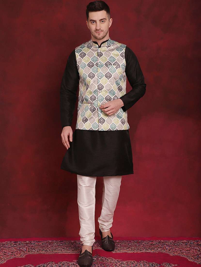 men solid kurta pyjama set with printed jacket