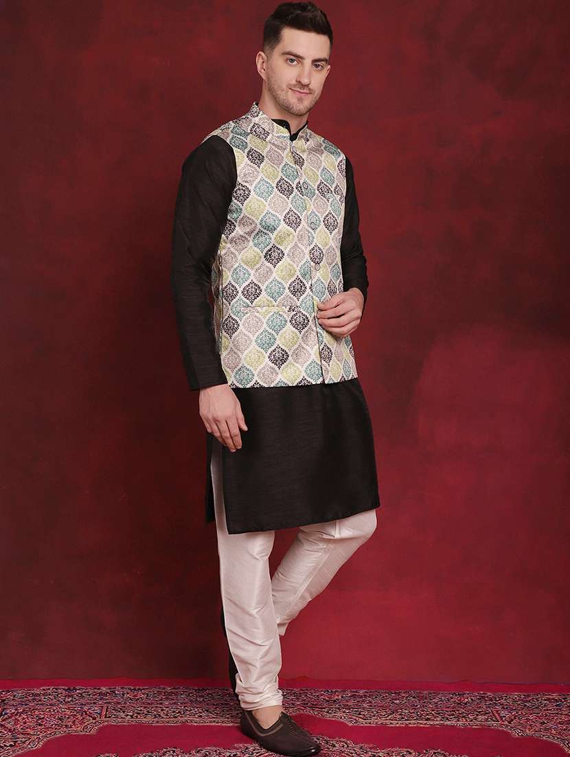 men solid kurta pyjama set with printed jacket - 21524905 - Standard Image - 2