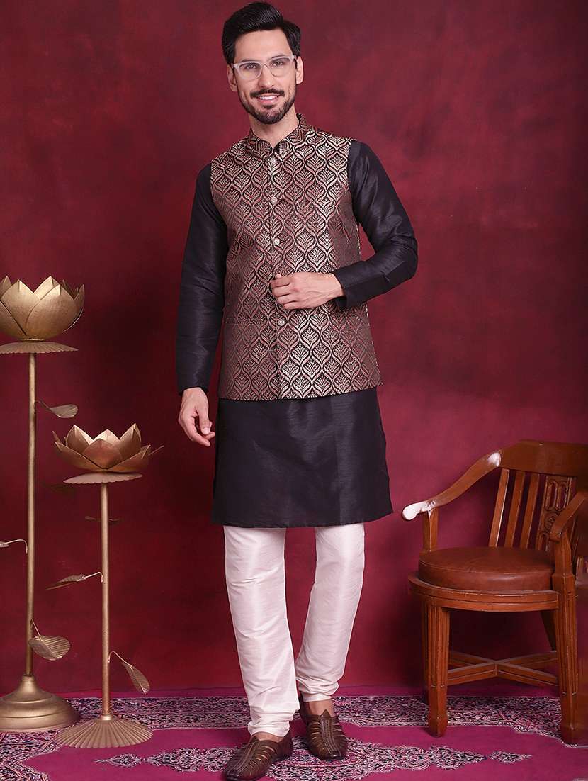 men mandarin neck silk kurta bottom with jacket ethnic wear set - 21524907 - Standard Image - 2