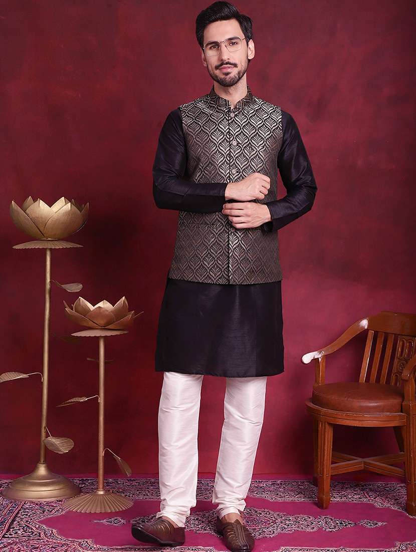 men mandarin neck silk kurta bottom with jacket ethnic wear set