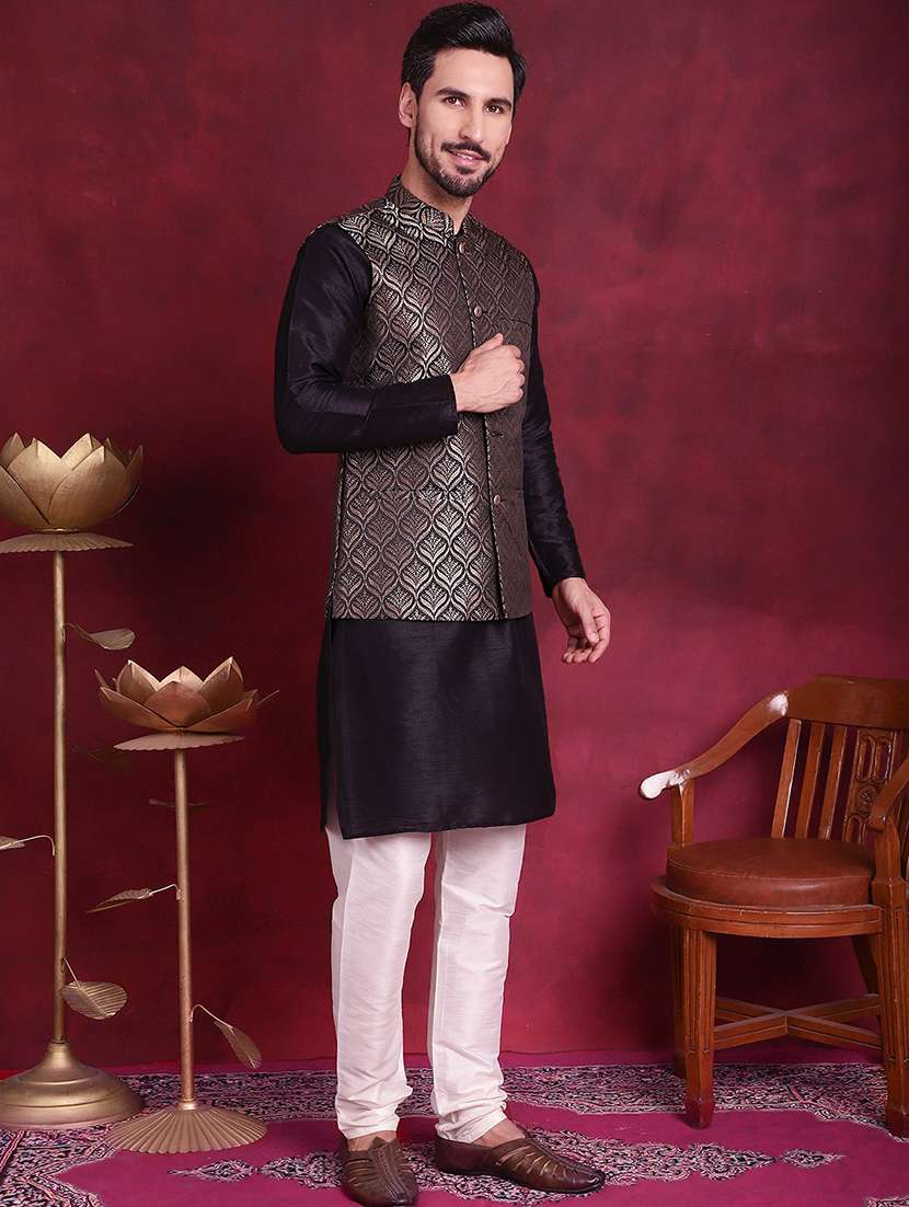men mandarin neck silk kurta bottom with jacket ethnic wear set - 21524908 - Standard Image - 2