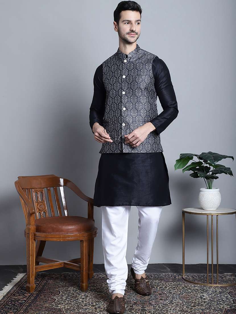 men solid kurta pyjama set with printed jacket - 21524909 - Standard Image - 2