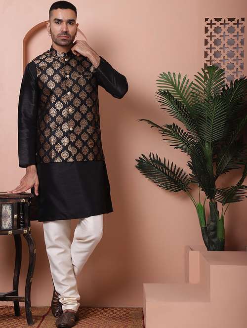men solid kurta pyjama set with printed jacket - 21524910 -  Standard Image - 0