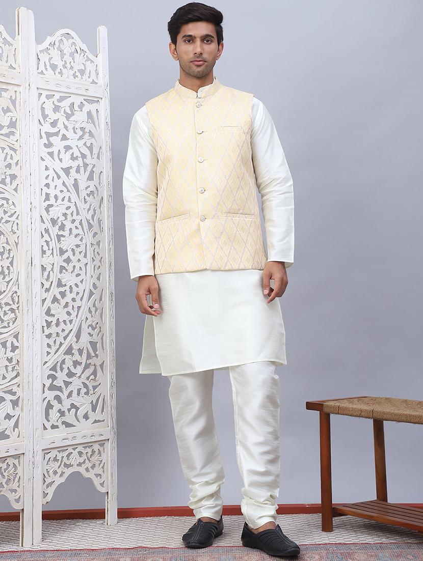 men solid kurta pyjama set with printed jacket