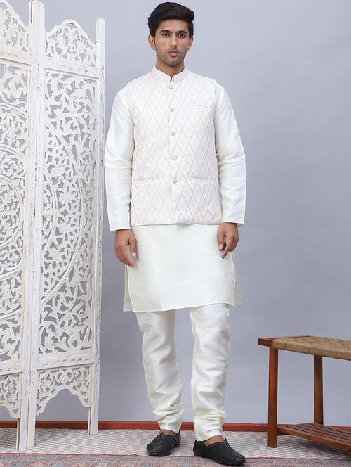 men solid kurta pyjama set with printed jacket - 21524914 - Standard Image - 0