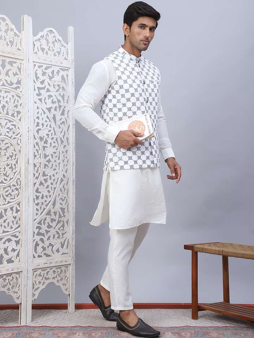 men mandarin neck silk kurta bottom with jacket ethnic wear set - 21524916 -  Standard Image - 2