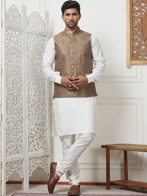 men mandarin neck kurta bottom with jacket ethnic wear set - 21524925 - Standard Image - 0