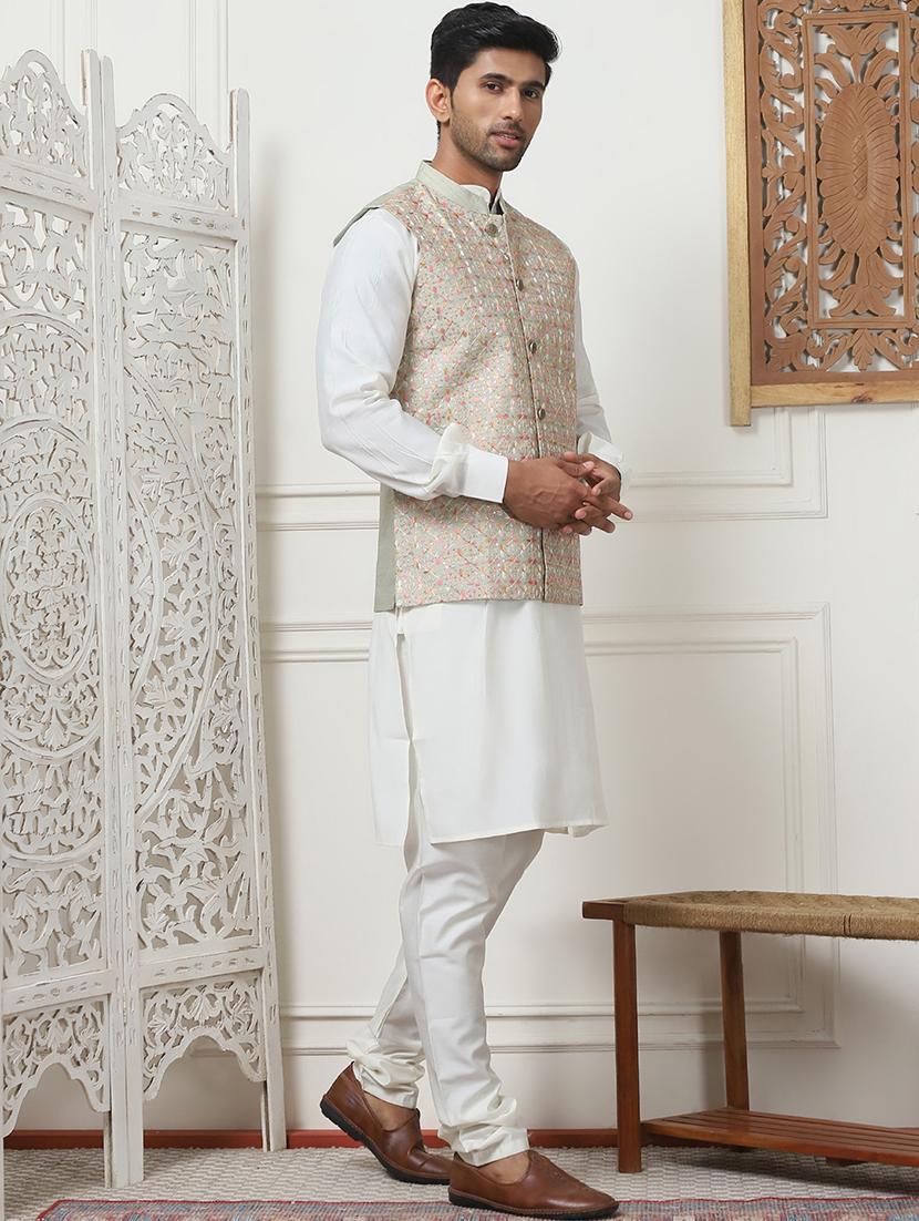 men mandarin neck kurta bottom with jacket ethnic wear set - 21524926 - Standard Image - 2