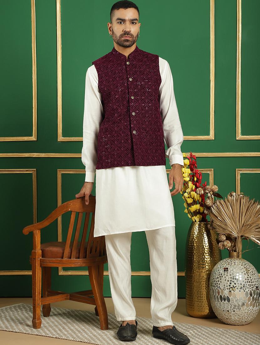 men solid kurta pyjama set with printed jacket - 21524928 - Standard Image - 2