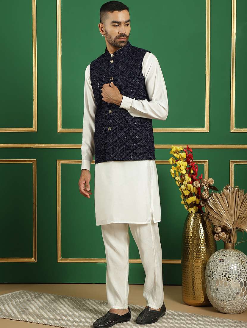 men mandarin neck kurta bottom with jacket ethnic wear set - 21524929 -  Standard Image - 2