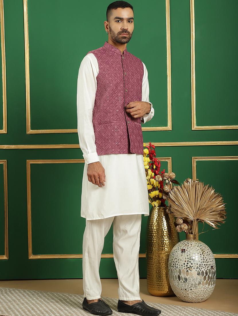 men solid kurta pyjama set with printed jacket - 21524930 - Standard Image - 2