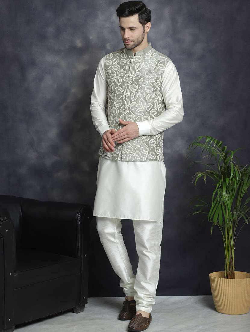 men mandarin neck kurta bottom with jacket ethnic wear set