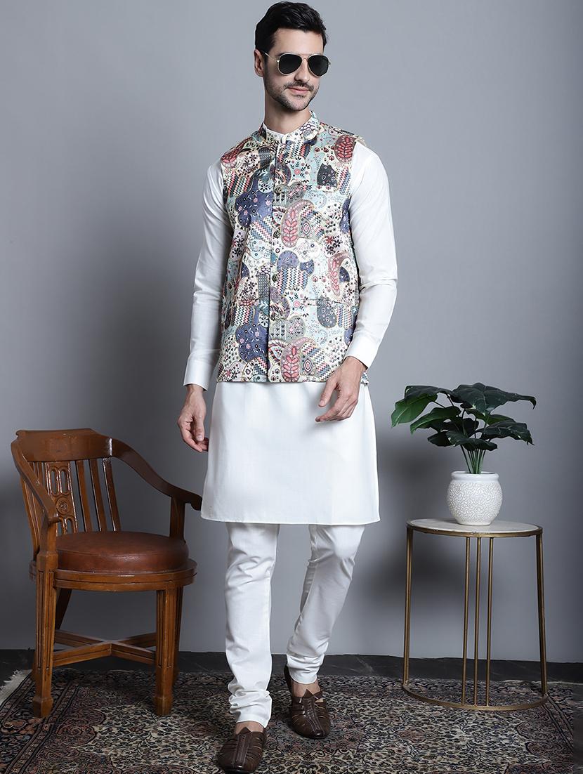 men solid kurta pyjama set with printed jacket - 21524934 - Standard Image - 2