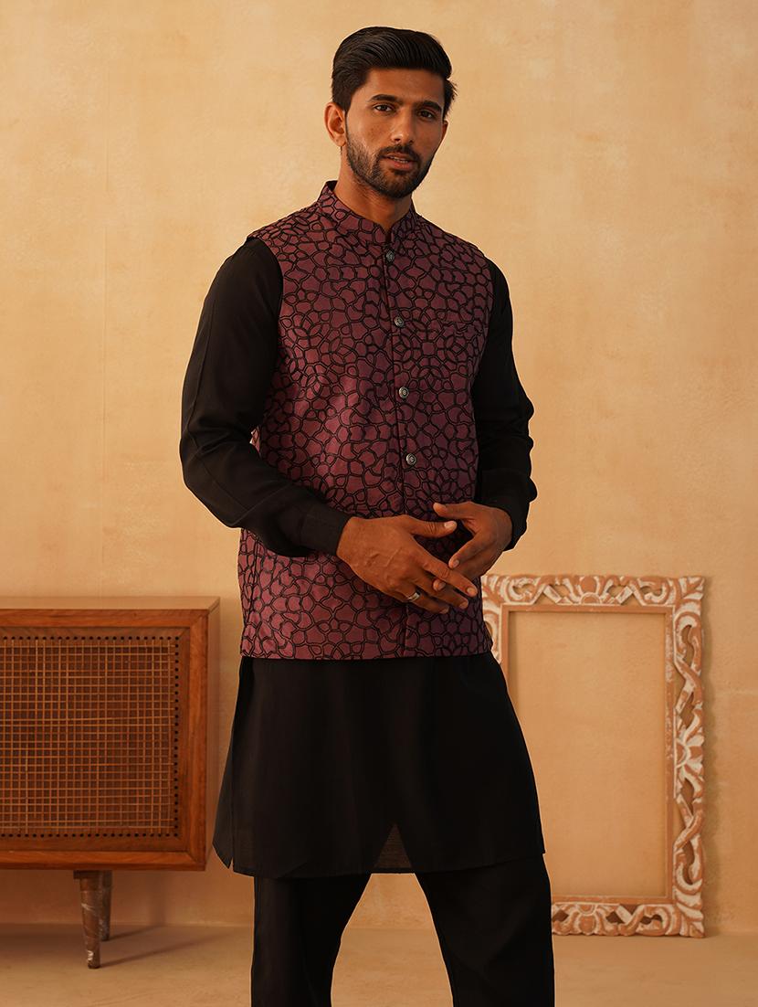 men solid kurta pyjama set with printed jacket - 21524942 - Standard Image - 2