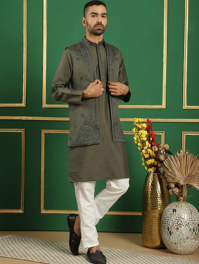 men mandarin neck kurta bottom with jacket ethnic wear set - 21524943 -  Standard Image - 2