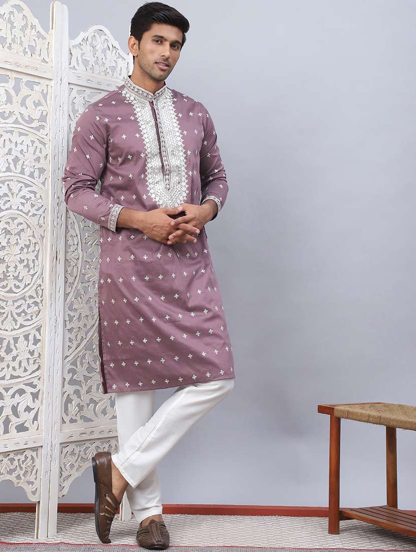 men solid with work kurta pyjama ethnic set