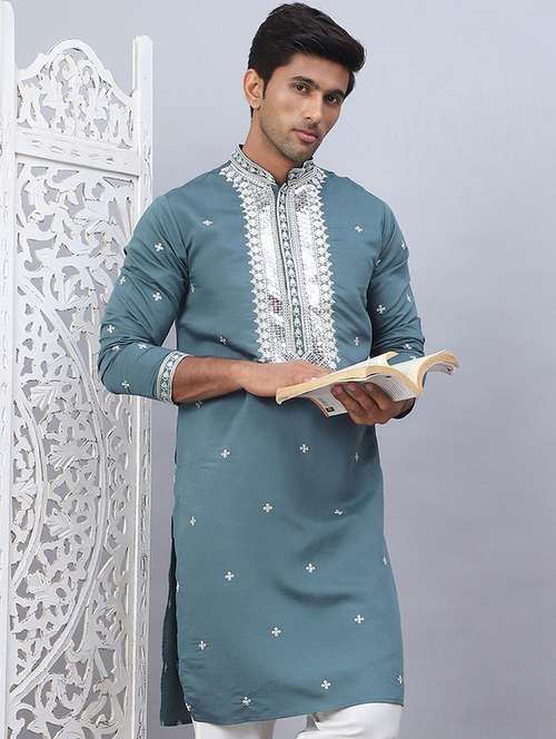 men embroidered mandarin neck long kurta - 21524964 - Standard Image - 0