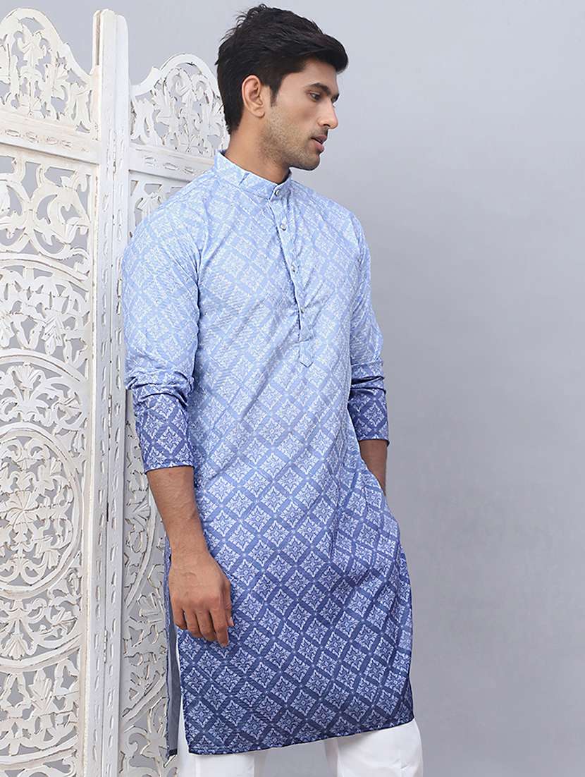 men printed mandarin neck long kurta with embroidery