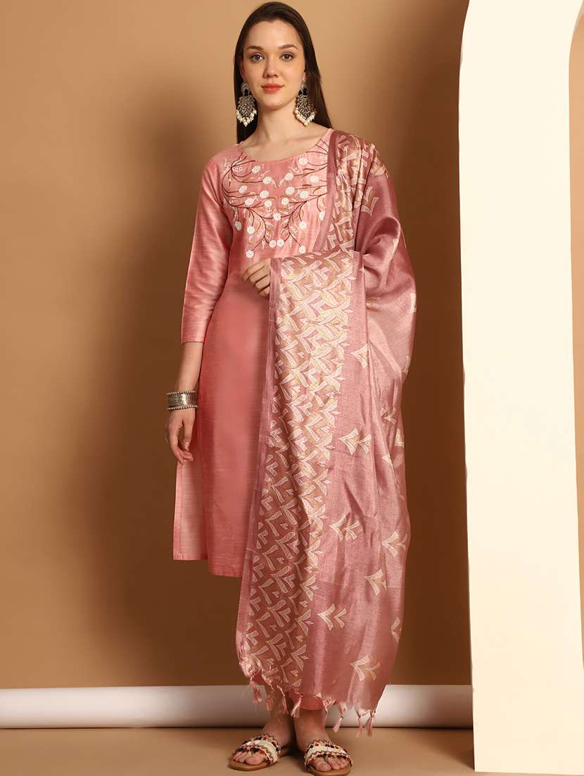 women three quarter sleeve embroidered suit set