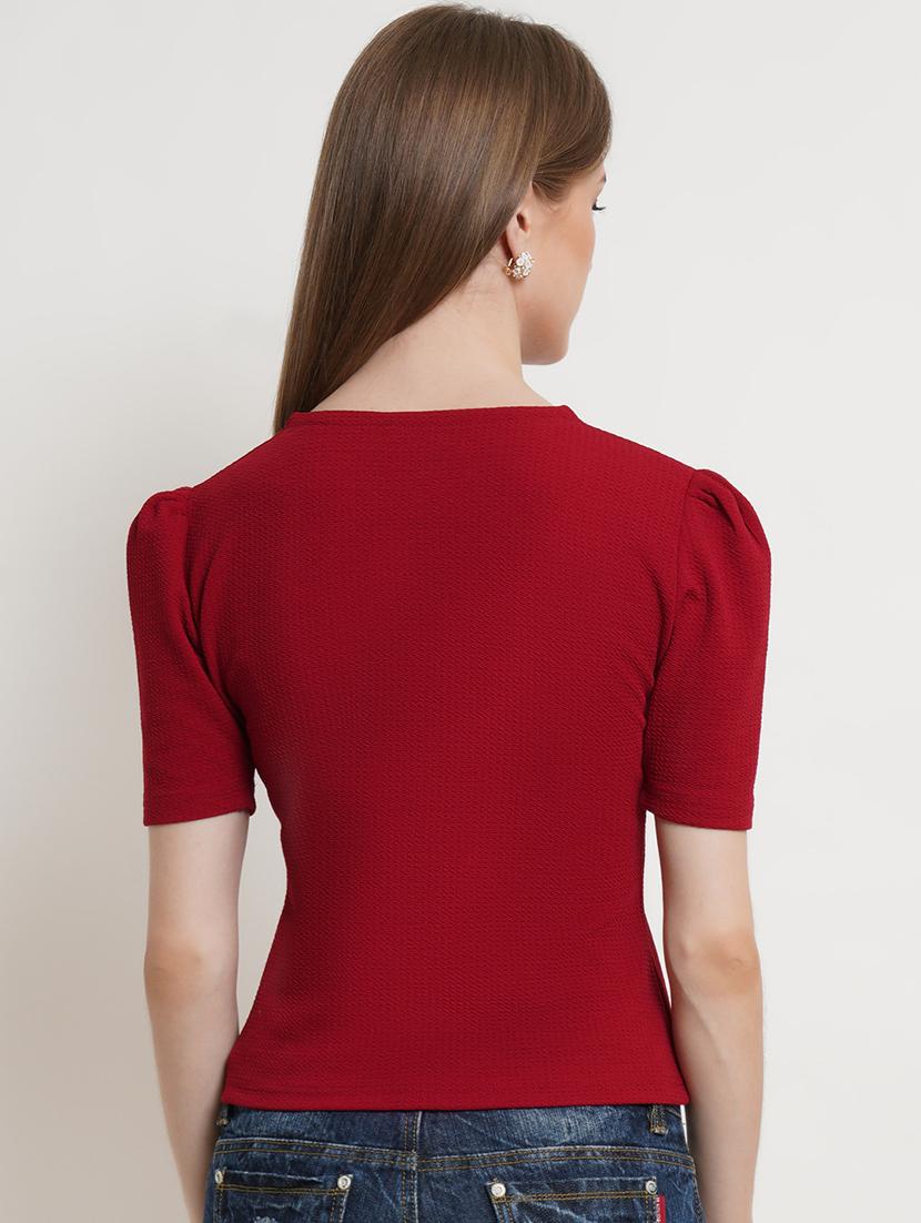 women solid v neck puff sleeves top - 21525052 - Standard Image - 2