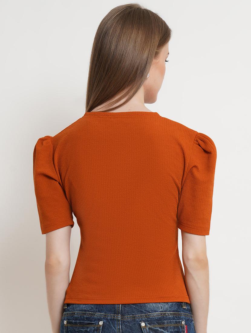 women solid v neck puff sleeves top - 21525057 - Standard Image - 2