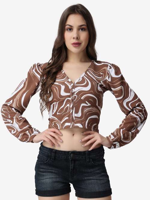 women printed long sleeves crop top - 21525095 -  Standard Image - 0