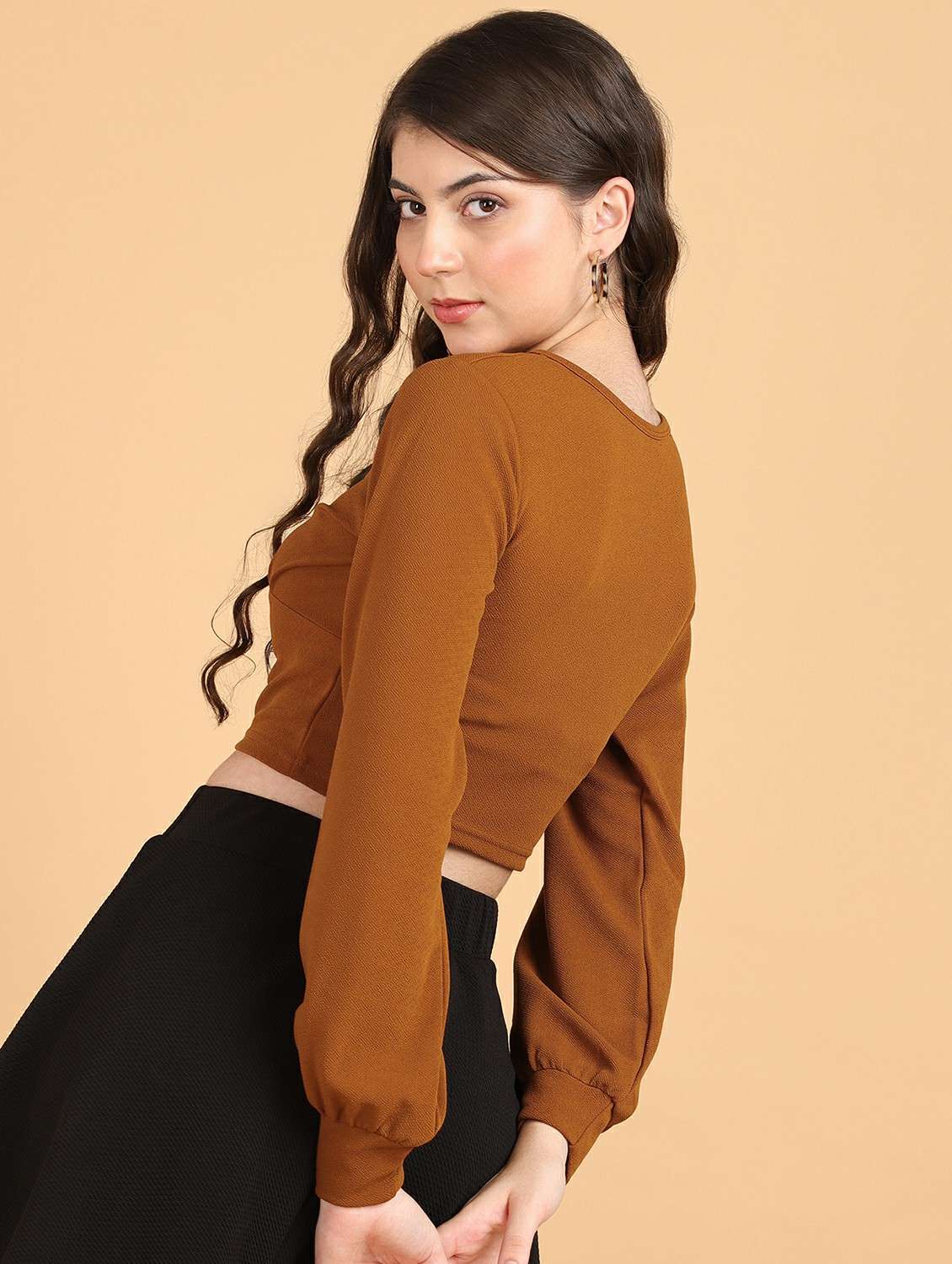 women solid long sleeves crop top - 21525157 -  Standard Image - 2