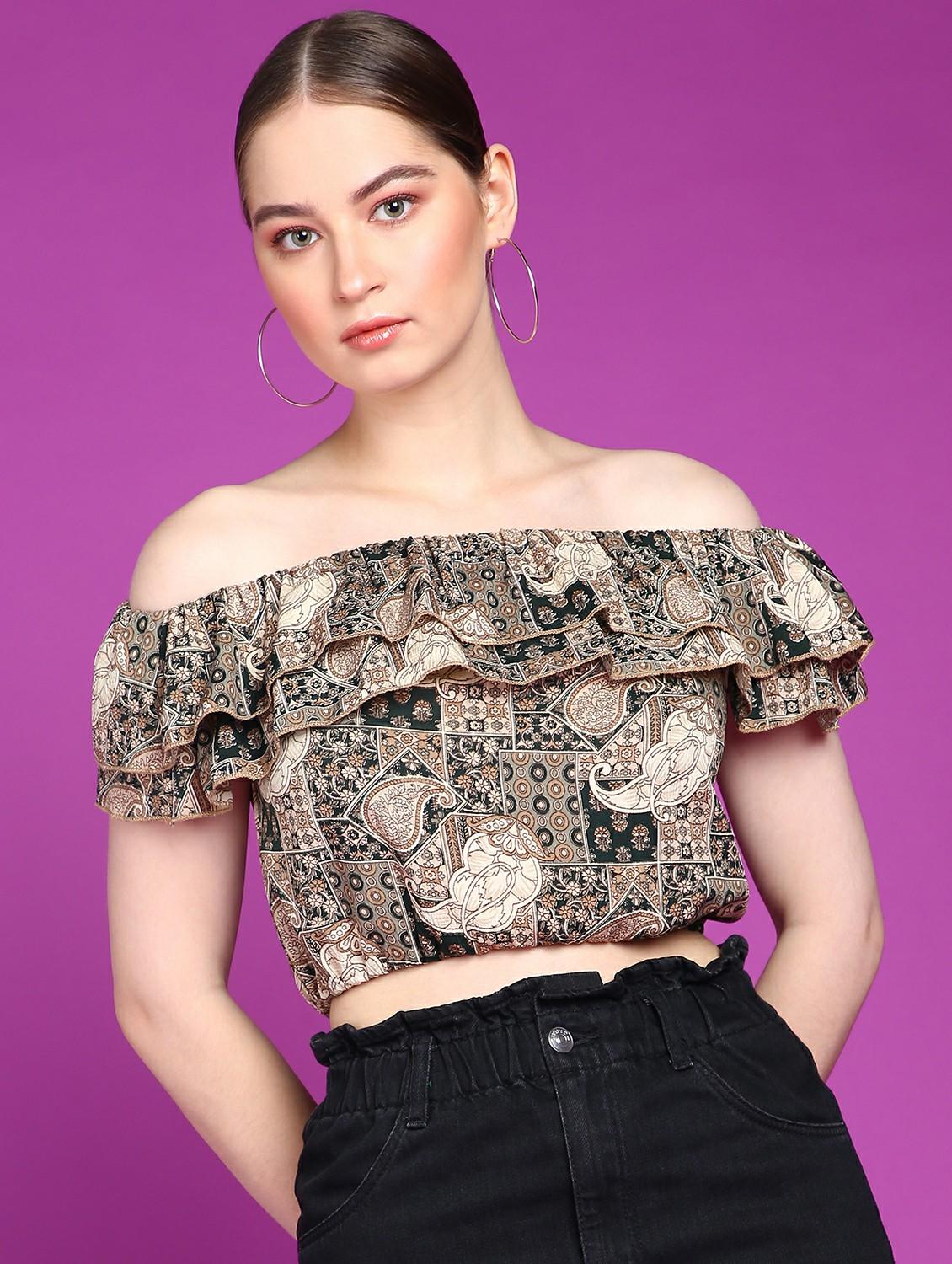 women printed off shoulder crop top - 21525179 - Zoom Image - 0