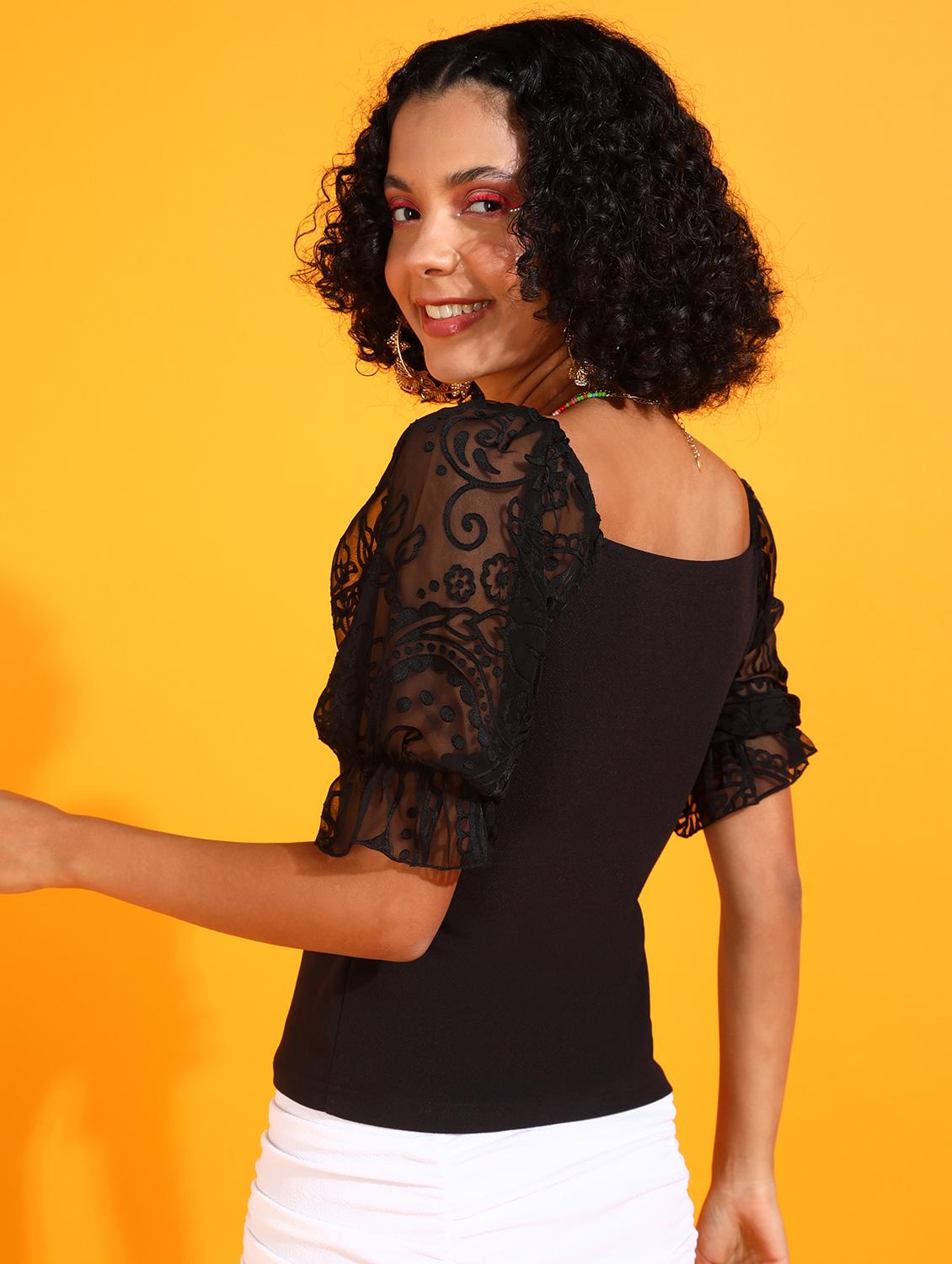 women solid puff sleeves straight top - 21525195 - Standard Image - 2