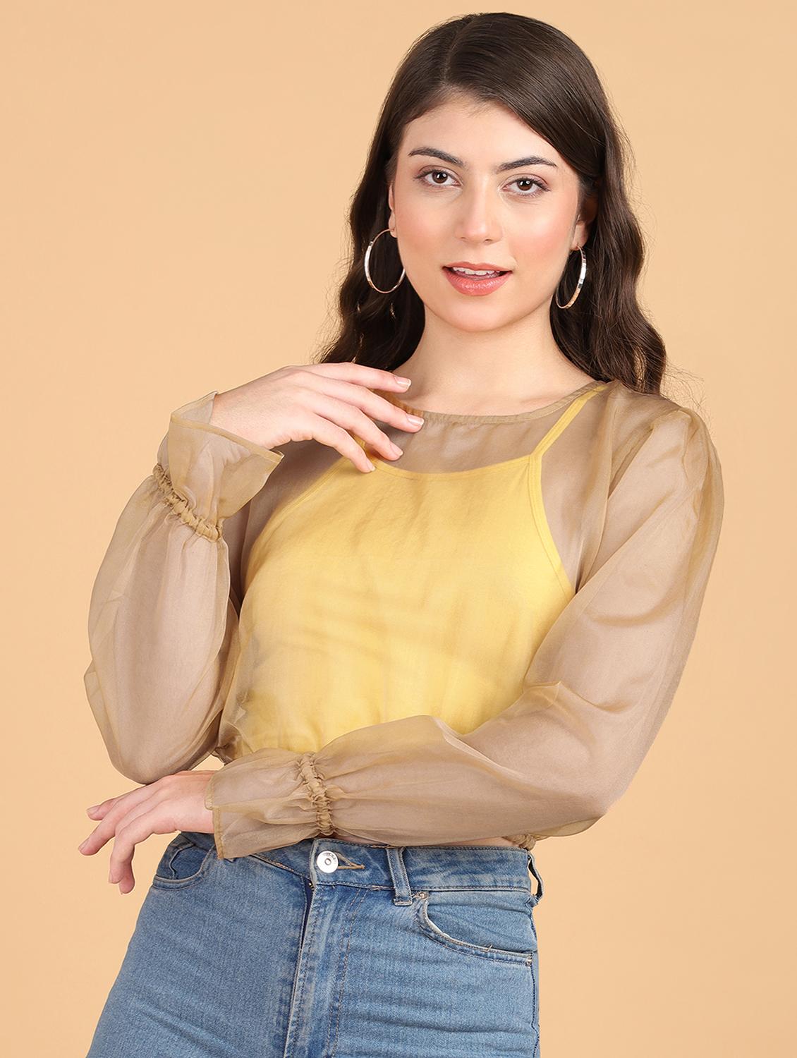 women solid puff sleeves crop top - 21525196 - Zoom Image - 0