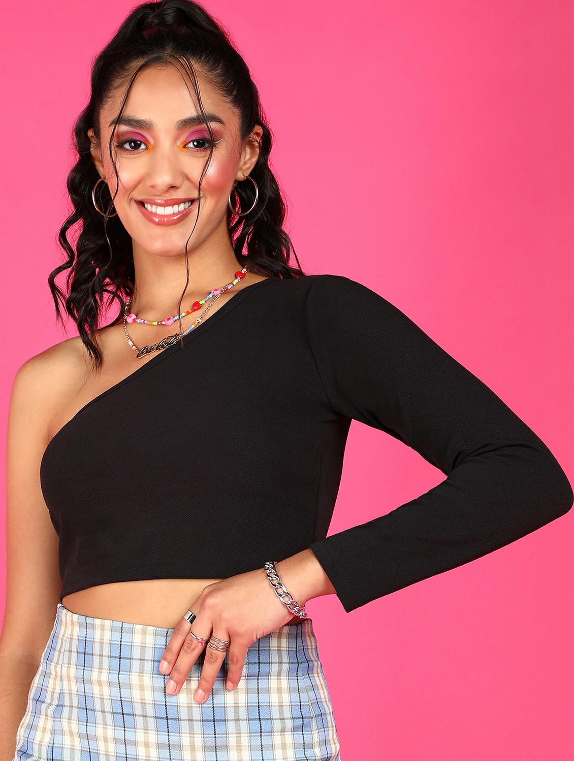 women solid single shoulder crop top - 21525197 -  Zoom Image - 0
