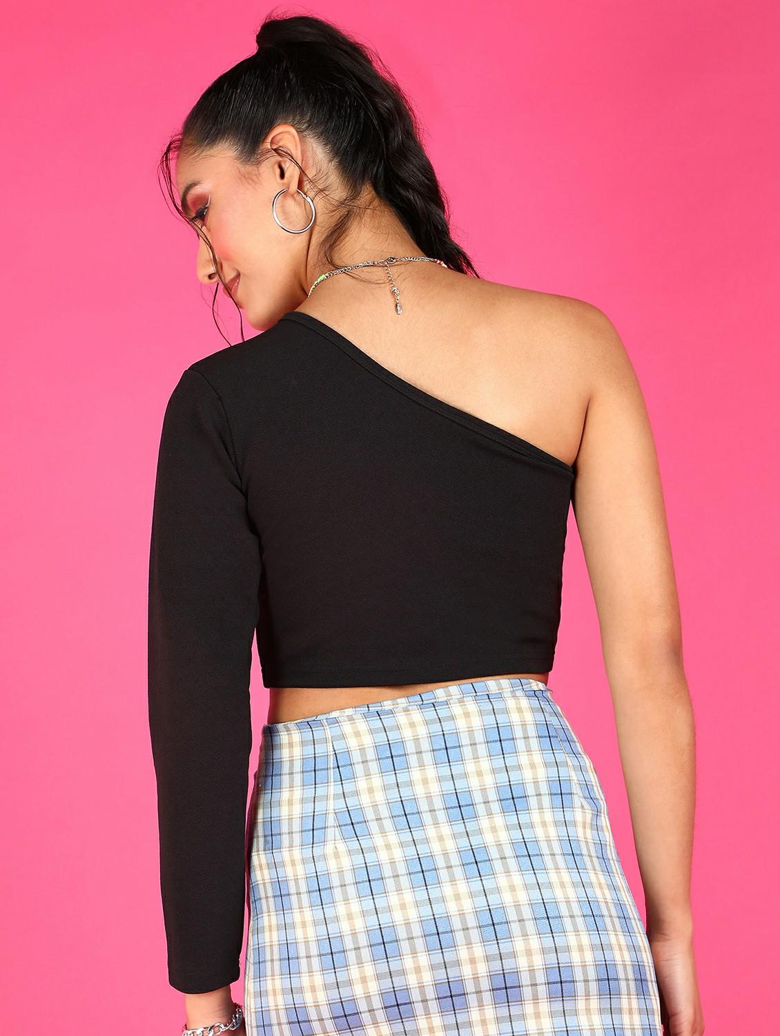 women solid single shoulder crop top - 21525197 - Standard Image - 2