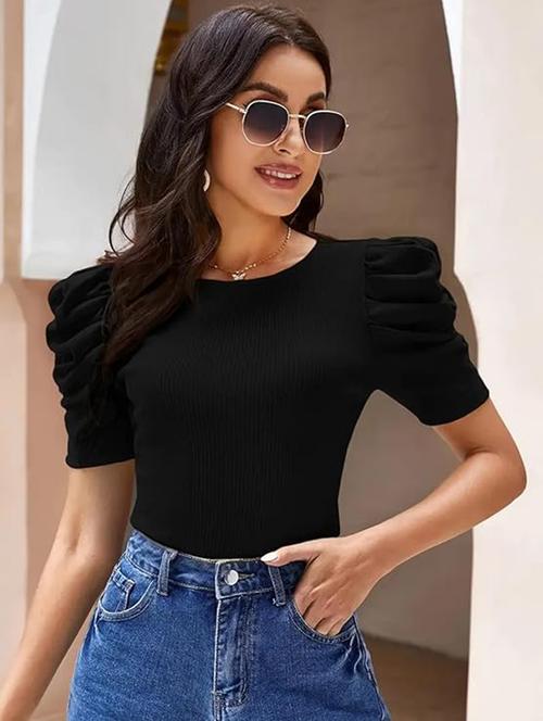women solid round neck puff sleeves top - 21525198 - Standard Image - 0