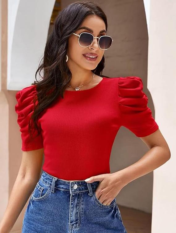 women solid round neck puff sleeves top - 21525199 -  Zoom Image - 0