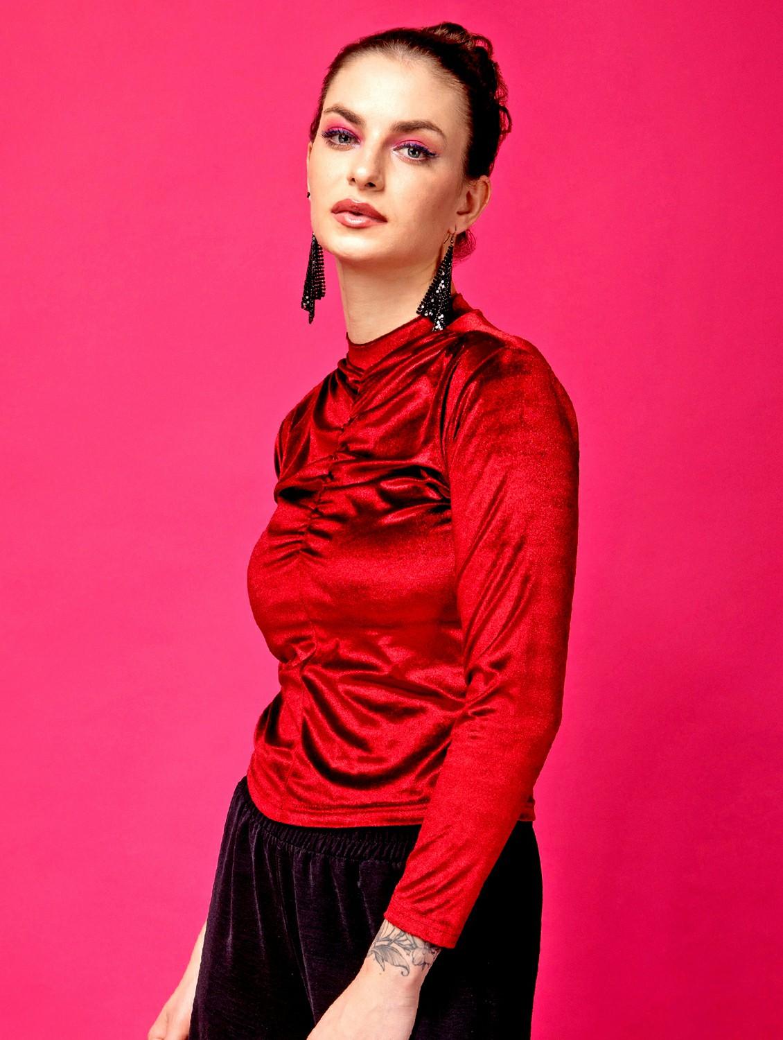 women solid mock neck long sleeves top - 21525218 - Standard Image - 2