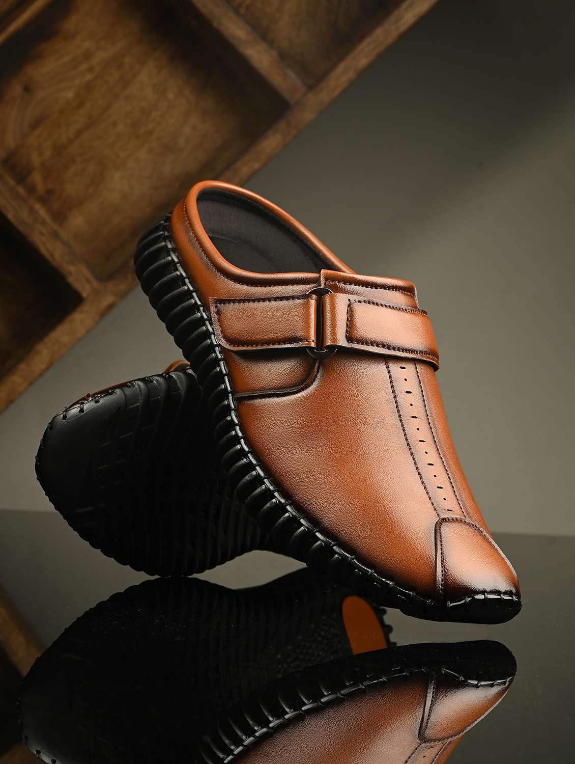 men tan slip on mules