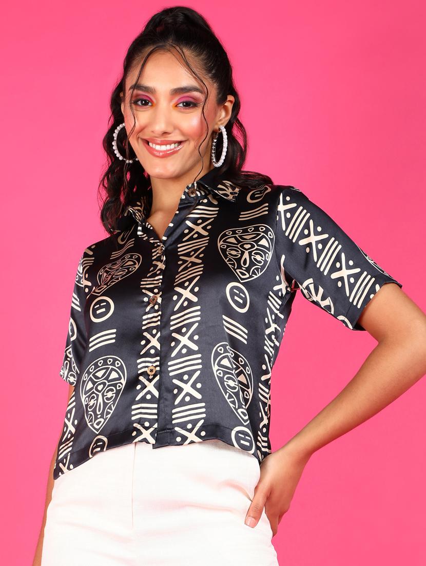 women printed collared short sleeves shirt - 21525766 - Zoom Image - 0